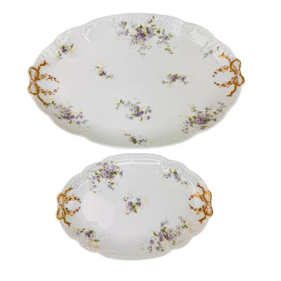 2 LIMOGES Antique CH Field Haviland Purple Flower Gold Accent Scalloped Platters - Picture 1 of 11